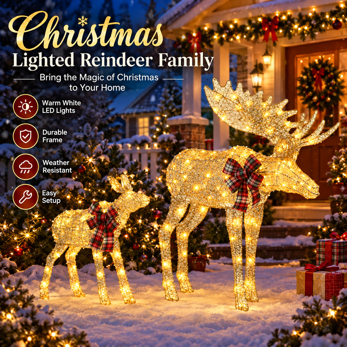 2‑Piece Lighted Christmas Deer Family, Pre‑lit Glittered Standing Ornaments with Stakes Included, Outdoor Yard & Home Holiday Decoration