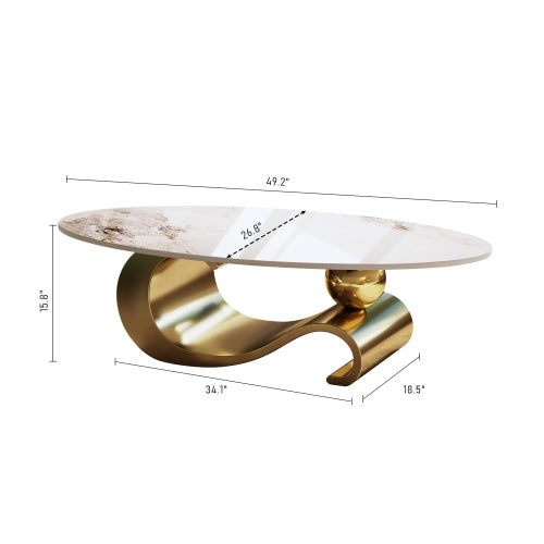 Modern Oval Coffee Table, Pink Beige Faux Marble Top with Gold S-Shape Metal Base, Luxury Living Room Tea Table