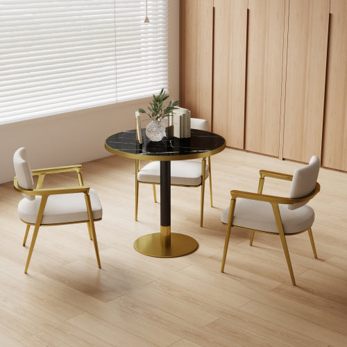 AEELLEEA 31.5-Inch Round Dining Table, Black Marble-Look Top with Black and Gold Metal Pedestal Base, Modern Kitchen Table