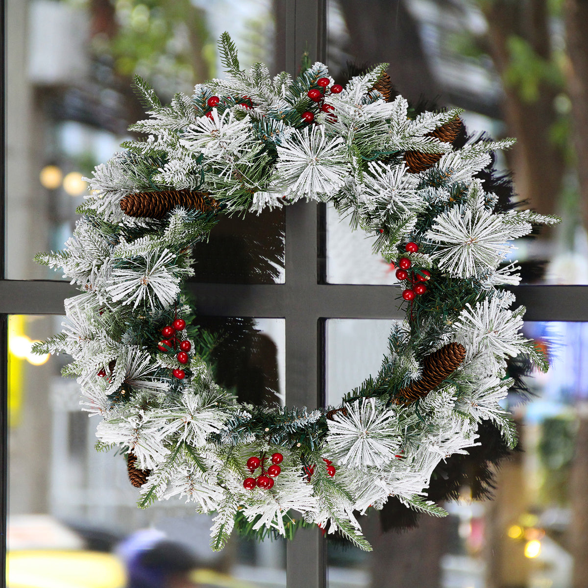 2Pcs 18" Lighted Christmas Wreaths, Snow Flocked PVC PE Wreath with Pinecones Red Berries, 60 Warm White Lights Battery Box 8 Modes