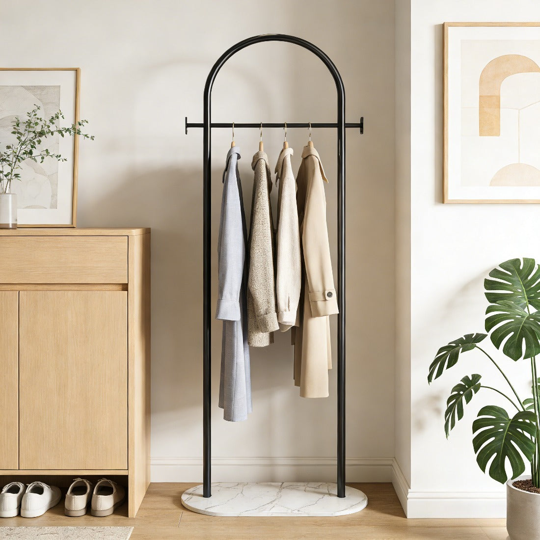 AEELLEEA-Freestanding Metal Coat Rack with Bottom Storage Shelf & Side Hooks, Modern Garment Organizer