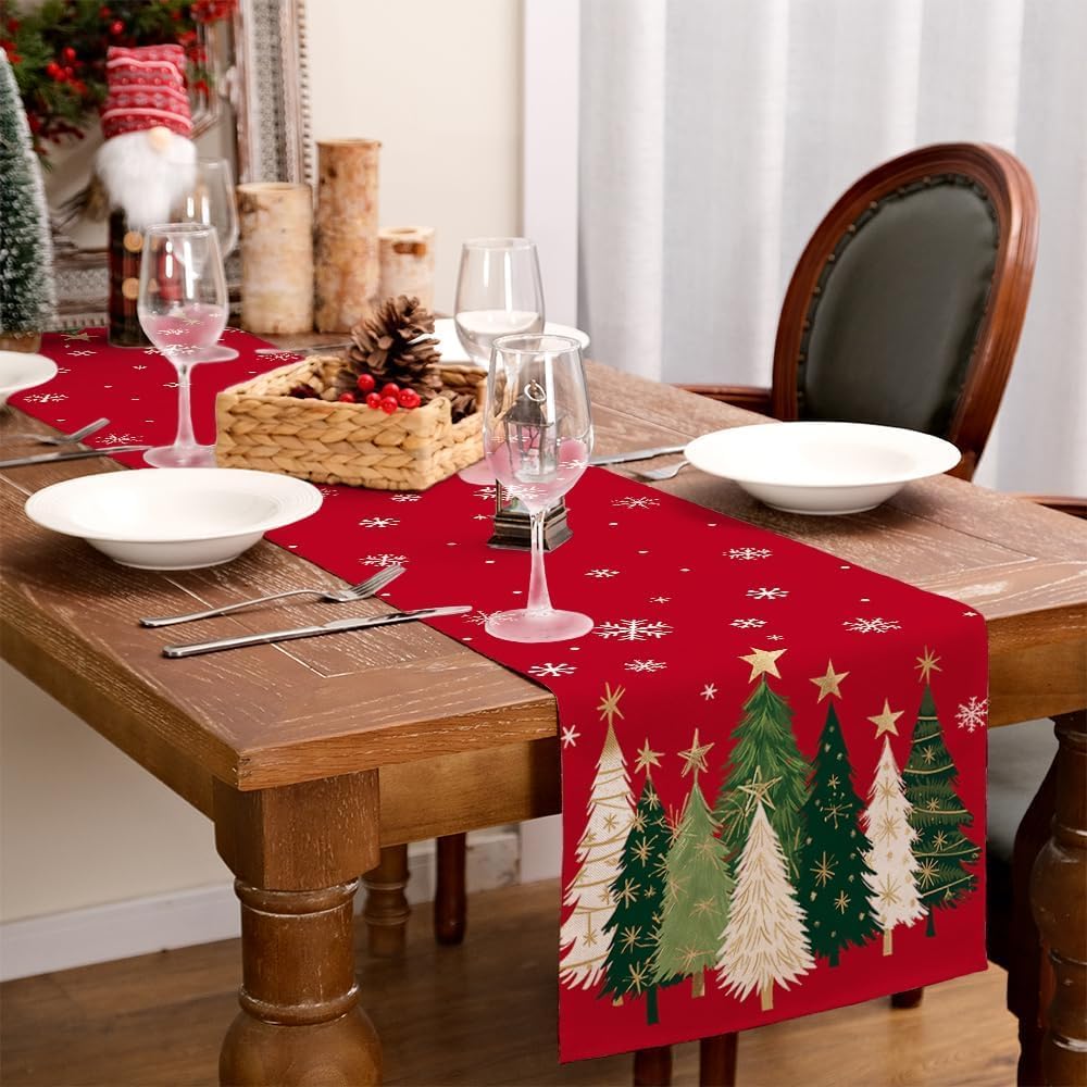 Christmas Table Runner, 13×72 Inch Faux Linen Polyester, Christmas Tree & Snowflake Print, Machine Washable Holiday Table Decoration