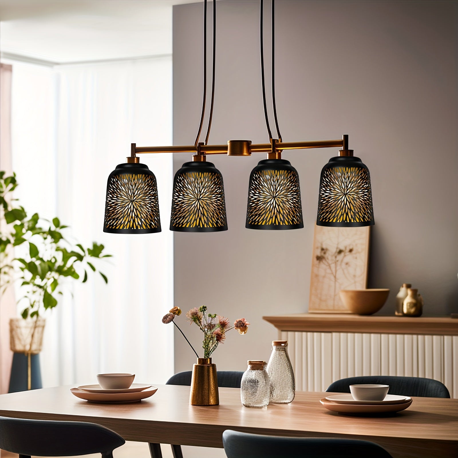 4-Pack Etched chrysanthemum Metal Pendant Light Shades,5" Diameter, Bronze/Black for Ceiling Fan & Lamp Covers