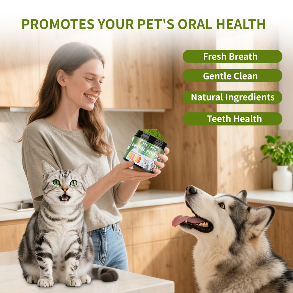 PETITRINU Dental Powder for Cats & Dogs, 5.29 oz - Natural Plaque & Tartar Control, Fresh Breath Freshener, Just Mix into Food