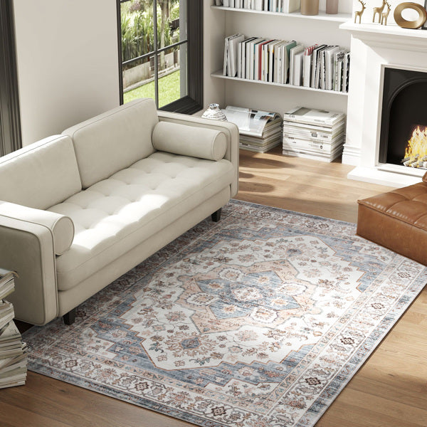 Area Rug 6x4 Ft, Vintage Blue Cream Brown Pattern Carpet for Living Room, Slim 0.3 Inch Design Rug Fits under Door and Furniture