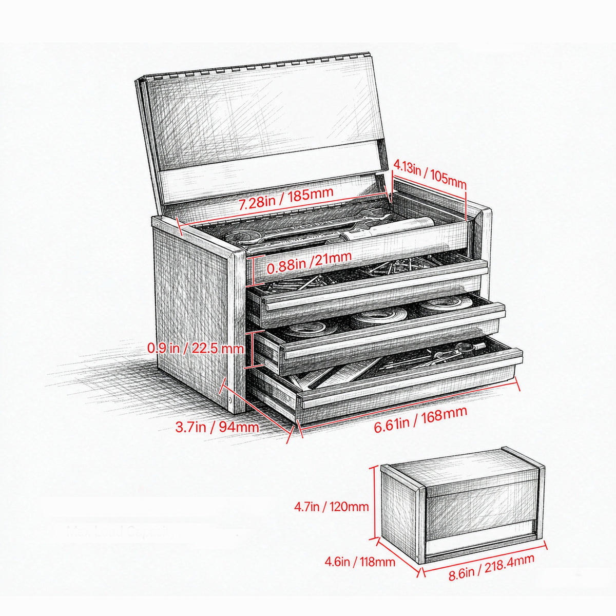 Mini Metal Tool Box with 3 Drawers, Powder Coated Steel Small Storage Chest with Magnetic Lid, Portable Desktop Organizer for Tools, Jewelry & Craft Supplies