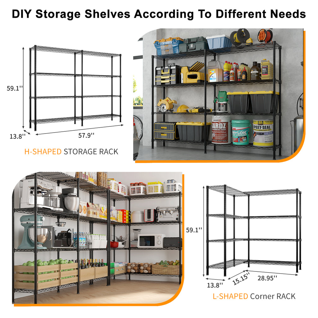 AEELLEEA 4-Tier Wire Storage Shelving Unit, 59.1"W x13.8"D x57.9"H, Heavy Duty Adjustable Metal Rack, Convertible L or H Shape