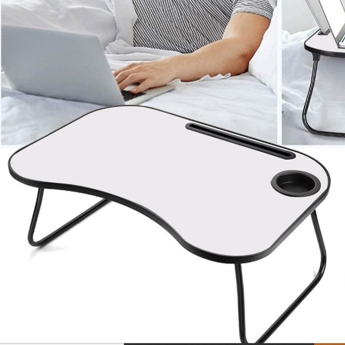 AEELLEEA- Foldable Wooden Laptop Desk, Portable Bed Tray Table with Cup Holder, Smooth Surface Lap Desk for Working