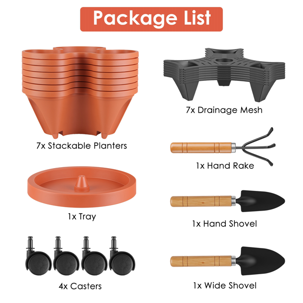 7‑Tier Vertical Stackable Planter with Rolling Casters, Reddish‑Brown Space‑Saving Planting Tower with Drainage Holes for Home Balcony Patio Herb Vegetable