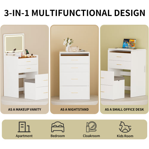 AEELLEEA 3-in-1 Makeup Vanity Desk with 3-Color Lighted Mirror, Drawers and Storage Stool, White