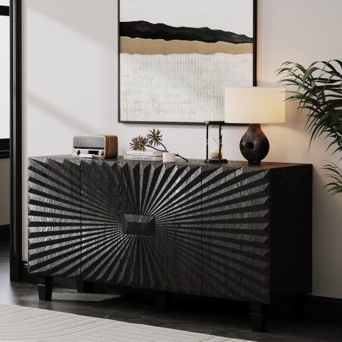 AEELLEEA 59" Black Sideboard Buffet Cabinet with 4 Sunburst Textured Doors, Modern Storage Credenza with Shelves for Living Room