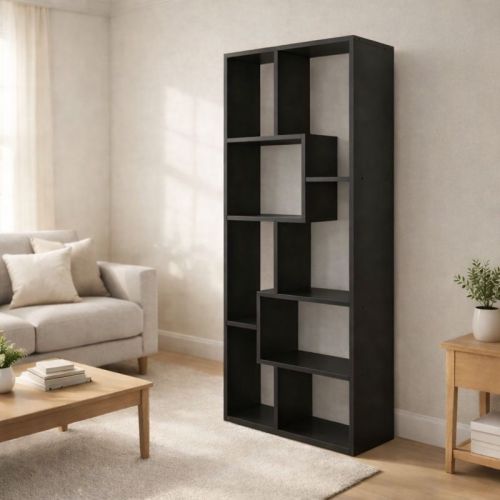 AEELLEEA 71-Inch Geometric Bookcase, Modern Black Open Display Bookshelf with Multiple Storage Shelves