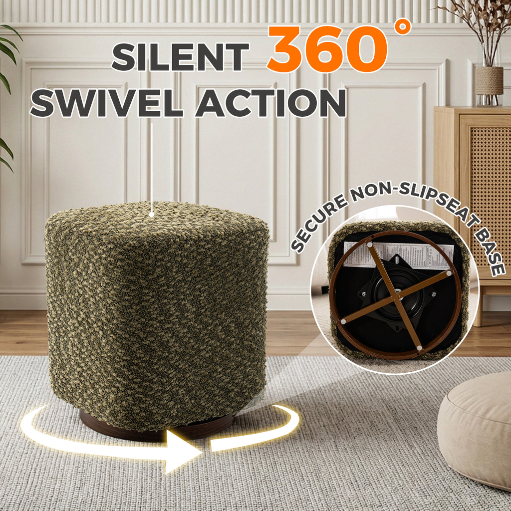 AEELLEEA 16.53" Swivel Ottoman Stool, Green Boucle Textured Round Cube Footrest, 300 Lbs Capacity for Living Room Entryway