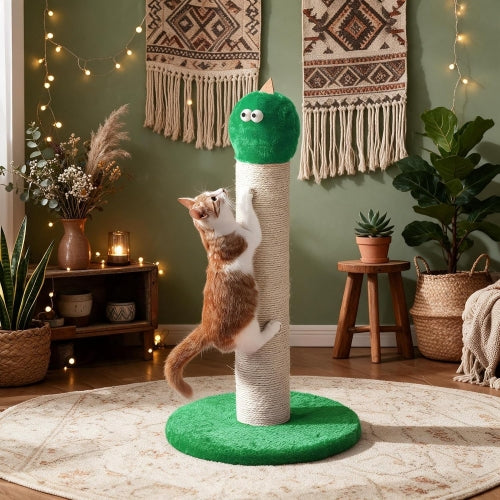 22" Cat Scratching Post, Sisal Cat Scratcher with Interactive Hanging Toy, Monster Design for Indoor Cats, Fits Kittens & Large Cats, Green