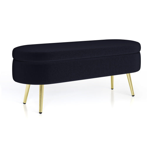 AEELLEEA 43 Inch Oval Storage Ottoman Bench, Black Textured Fabric Bench with Gold Metal Legs for Bedroom Entryway