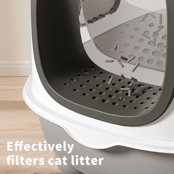 AEELLEEA Enclosed Cat Litter Box with Removable Lid, Litter Tracking Filter, Scoop Included, Gray and White, 22.05 x 15.75 x 15.75 in