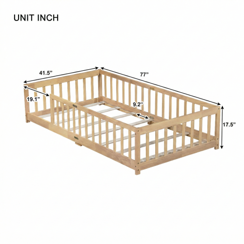 AEELLEEA Twin Size Montessori Floor Bed with Guardrails, Wooden Kids Bed Frame with Low Entry and Slats, Natural