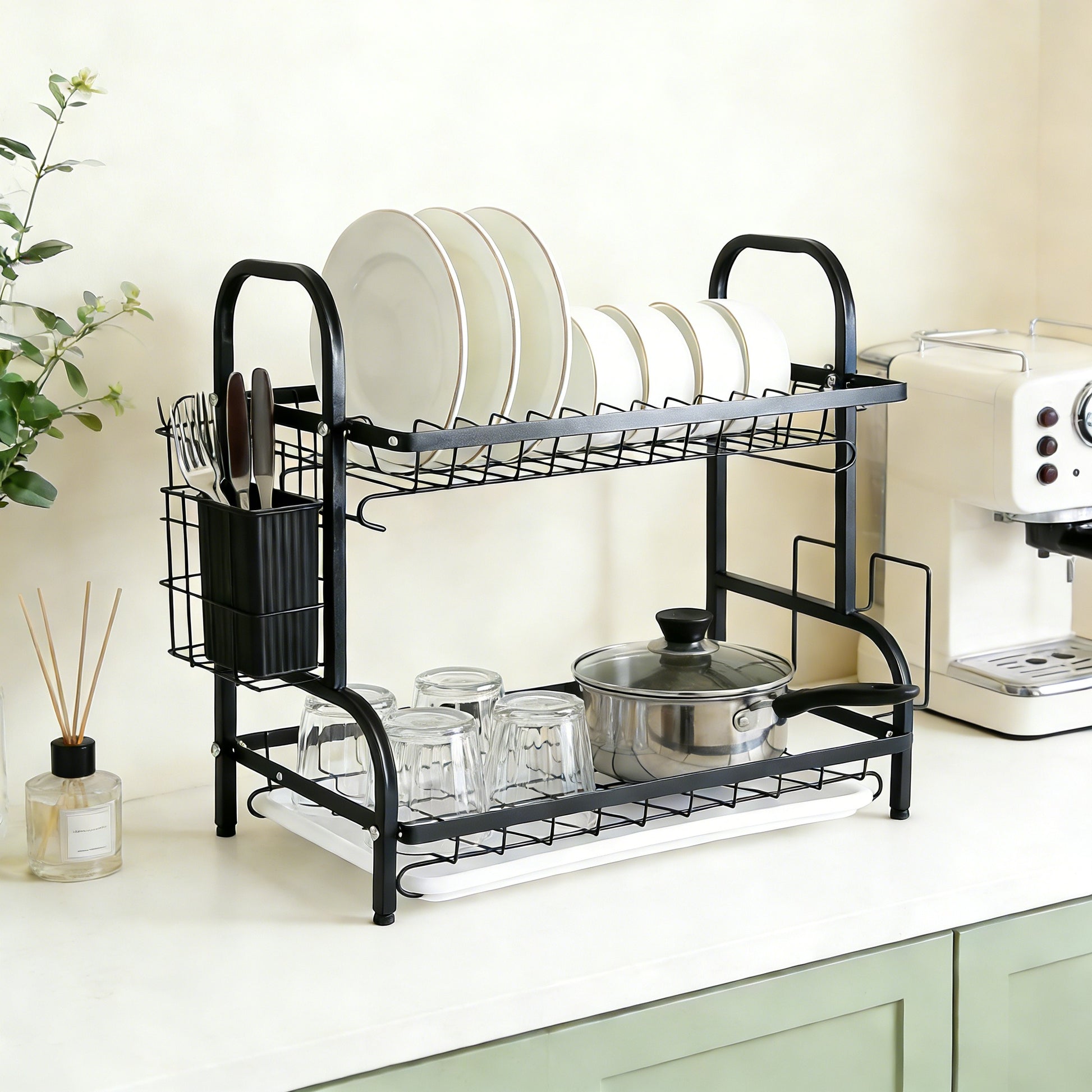 2 Tier Dish Drying Racks with Drainboard,Large Capacity Stainless Steel Dish Racks for Kitchen Counter,Kitchen Sink Organizer for Dishes,Utensils& Fork Knives,Cutting Boards Storage