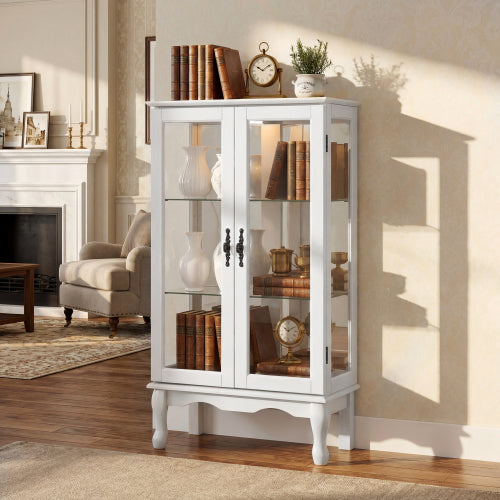 AEELLEEA White Curio Display Cabinet with Acrylic Mirror Back, Adjustable Tempered Glass Shelves, Double Glass Door Wooden Showcase for Collectibles