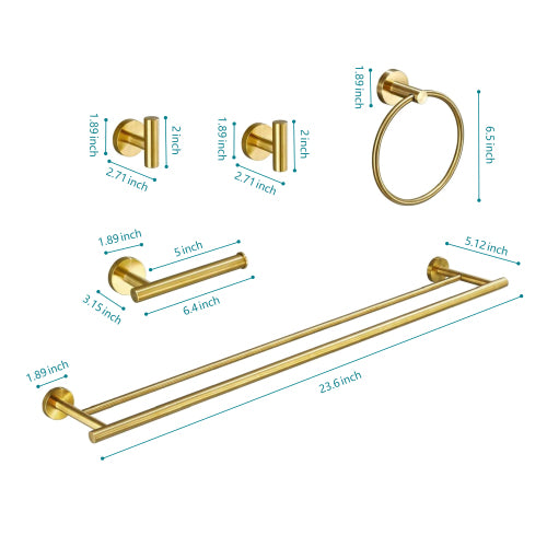 AEELLEEA 6-Piece Brushed Brass Bathroom Hardware Set, 23.6" Double Towel Bar Ring Toilet Paper Holder 2 Robe Hooks Wall Mount Kit