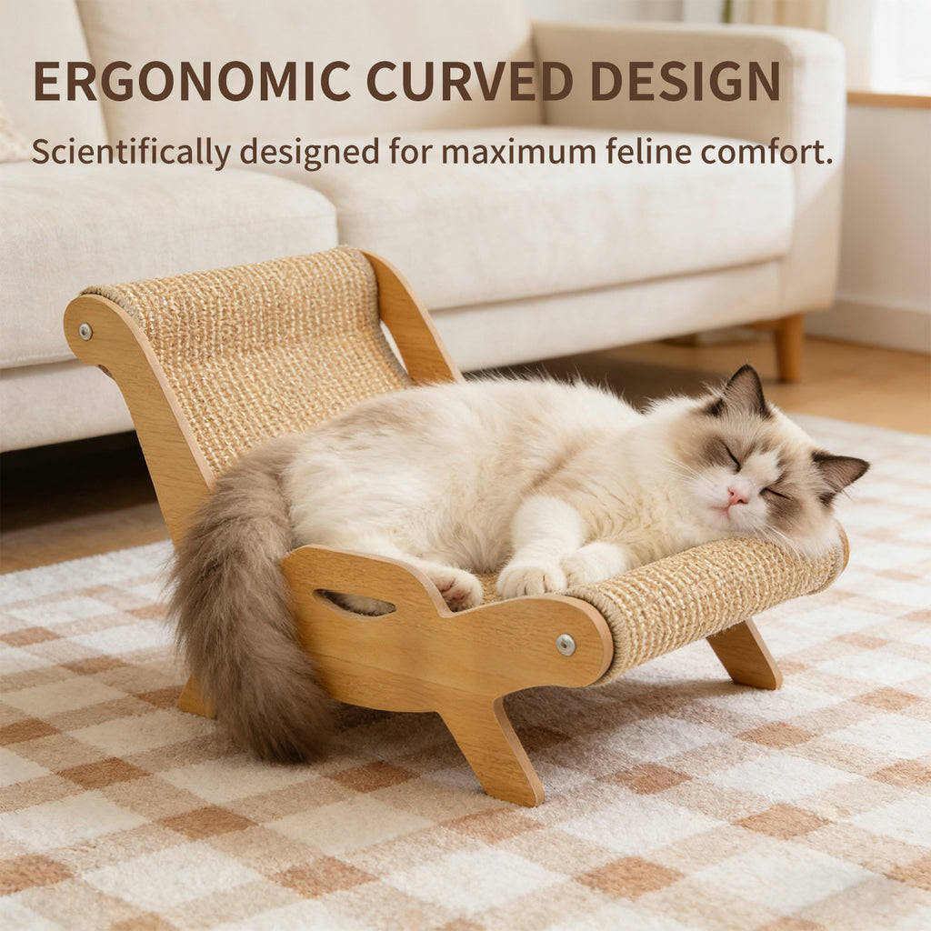2-in-1 Cat Recliner Scraper Board & Sofa Bed - Scratch Resistant, Low Lint Wooden Cat Scratcher Bed with Replaceable Scratching Pad, Multi-Functional Cat Furniture for Indoor Cats