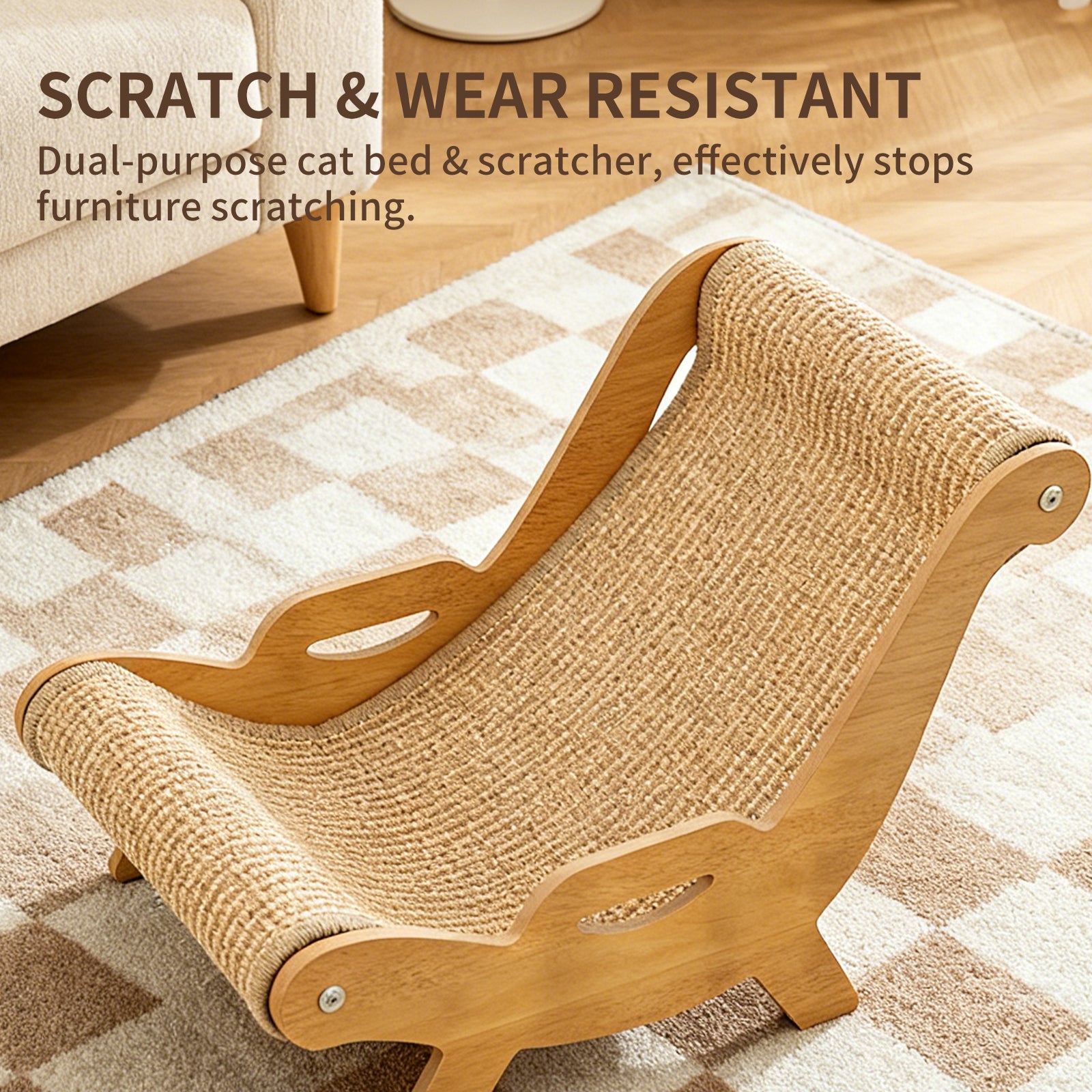 2-in-1 Cat Recliner Scraper Board & Sofa Bed - Scratch Resistant, Low Lint Wooden Cat Scratcher Bed with Replaceable Scratching Pad, Multi-Functional Cat Furniture for Indoor Cats