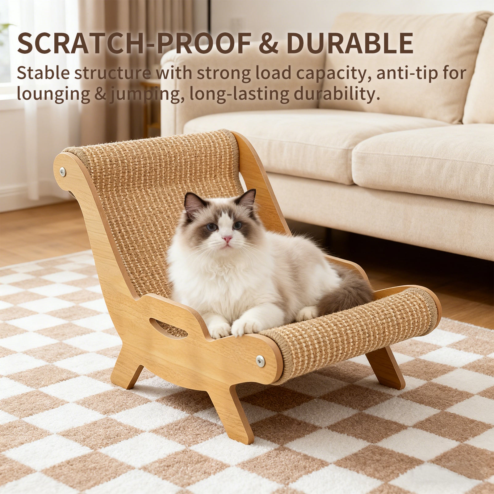 2-in-1 Cat Recliner Scraper Board & Sofa Bed - Scratch Resistant, Low Lint Wooden Cat Scratcher Bed with Replaceable Scratching Pad, Multi-Functional Cat Furniture for Indoor Cats
