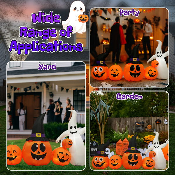 8FT Inflatable Halloween Yard Decor, Row of Hats Pumpkins & White Ghost with 5 LED Lights, Festive Outdoor Prop for Trick or Treat Season