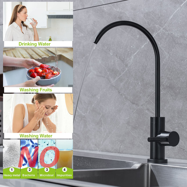 AEELLEEA Drinking Water Faucet, Matte Black Gooseneck RO Water Filter Faucet, 360° Swivel Spout, Single Handle, Stainless Steel