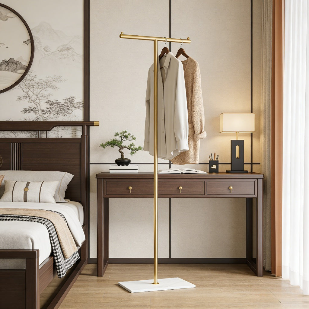 Gold Metal Freestanding Clothing Rack, Modern T-Shaped Garment Rack with White Marble Base for Bedroom Entryway