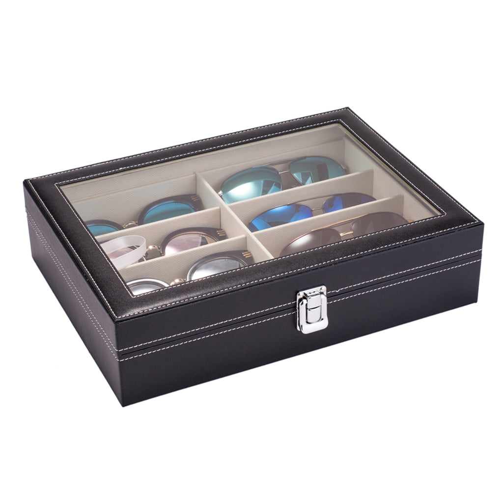 AEELLEEA-Leather Multi Sunglasses Organizer for Women & Men, Eyeglass Display Storage Box with 8 Slots, Black Eyewear Holder for Sunglasses Collection