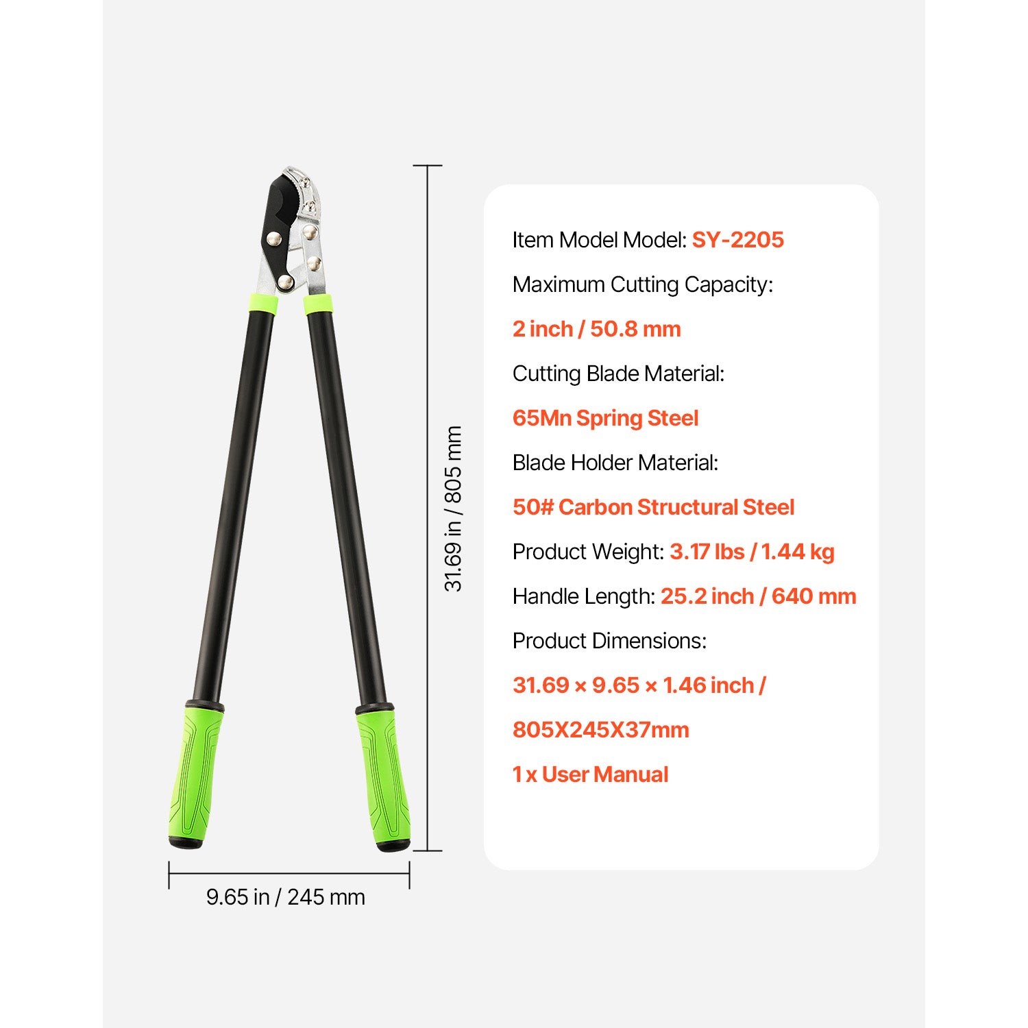 32" Heavy Duty Loppers, Pruning Shears for Tree Trimming, Garden Shears, Hedge Shears, Gardening Shears, Cuts up to 2" Dia, Steel Branch Cutter
