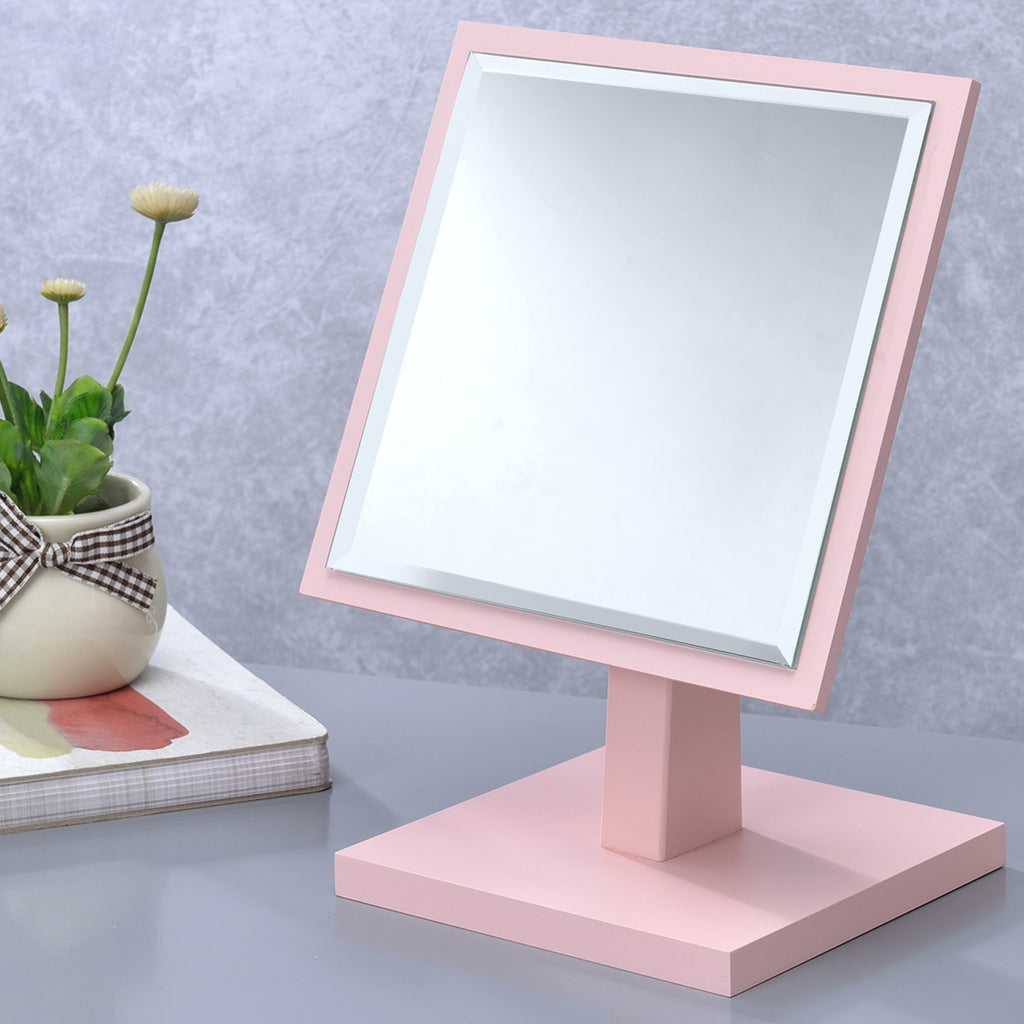 9.5 Inch Tall Polyresin and Wood Makeup Mirror on Pedestal, Pastel Pink Finish