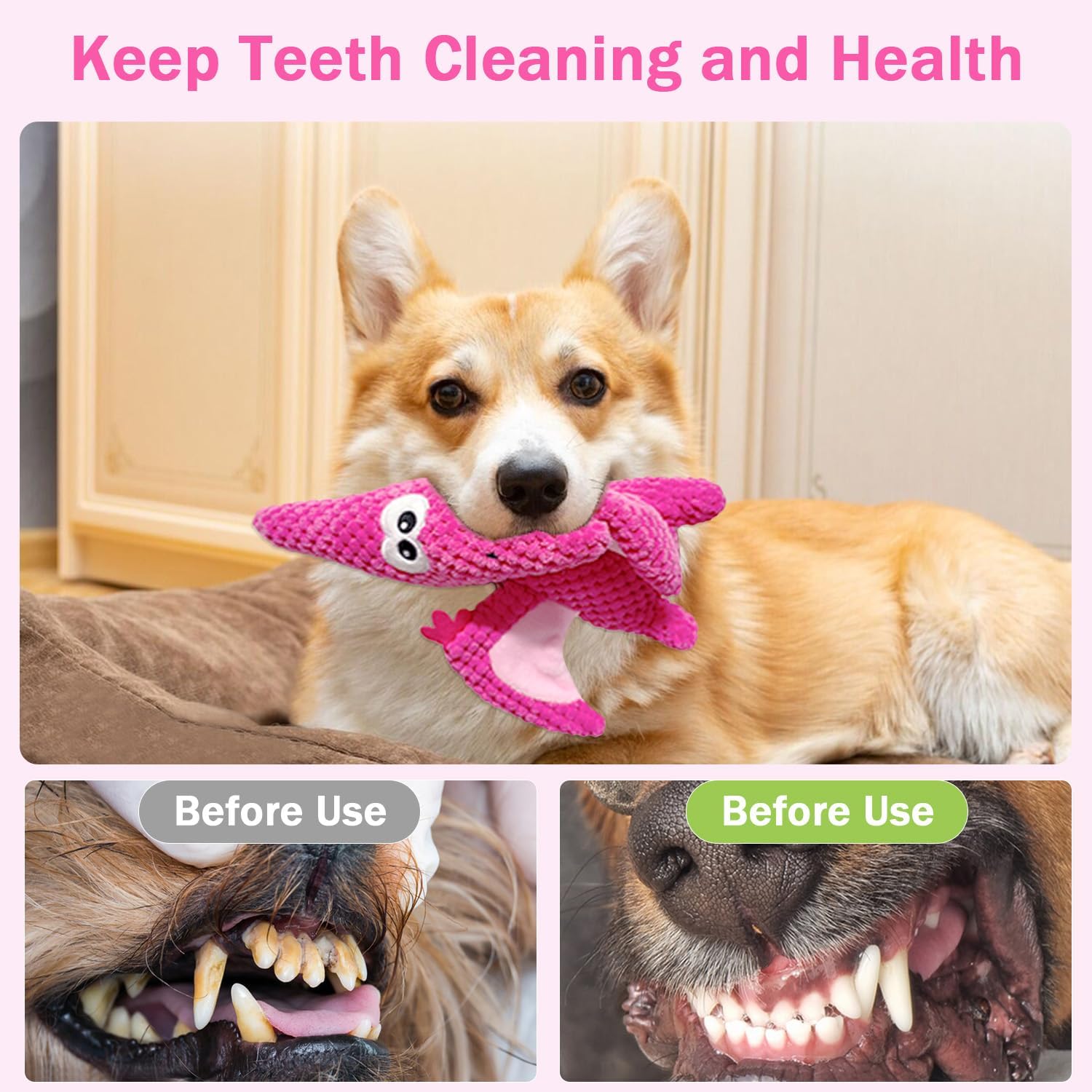 LWBMG Squeaky Dog Toys Plush Dog Toy with Crinkle Paper Dinosaur Dog Toy Stuffed Animals Chew Toy Plush Squeaky Dog Birthday Toys for Small Medium Large Dogs Pink