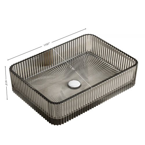 Rectangular Glass Vessel Sink 17.91x13 Inch, Smoked Gray Ribbed Bathroom Vanity Bowl, Above Counter Glass Sink Basin
