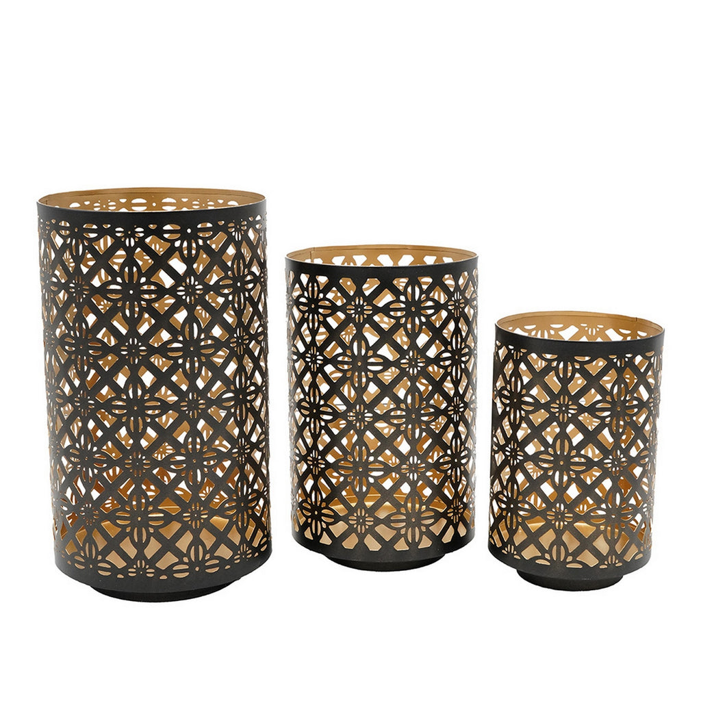 AEELLEEA Set of 3 Metal Lantern Candle Holders, Moroccan Lattice Cutout, Black & Gold Hollow Candle Decor for Entryway Table