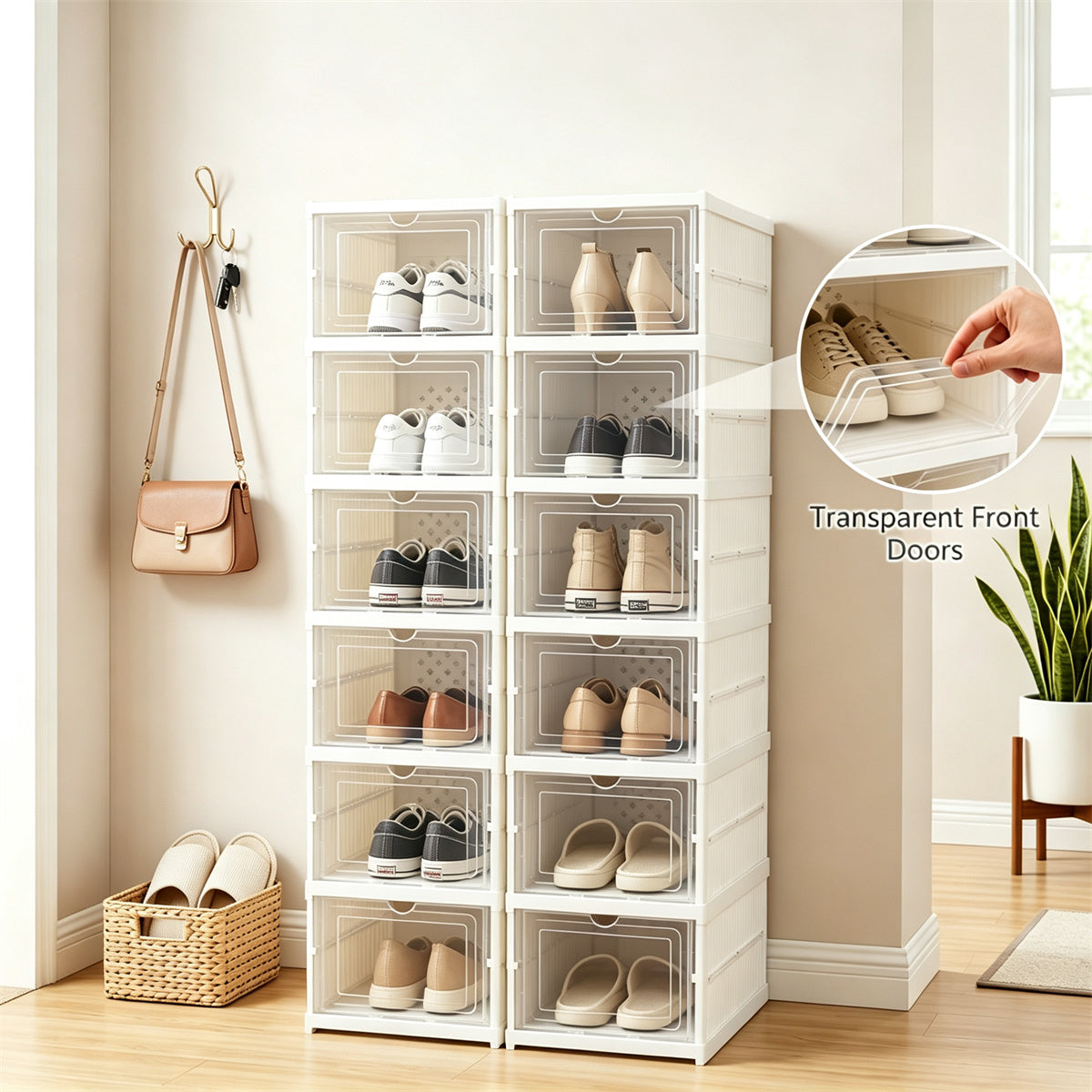 AEELLEEA 6-Tier Folding Shoe Storage Box, Magnetic Clear Door Shoe Organizer, Ventilated PP Shoe Cabinet for Entryway