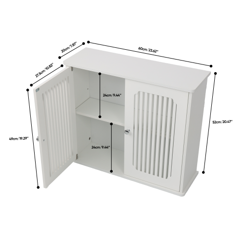 Wall Mounted Bathroom Cabinet, White Double Door Cabinet with Slat Grill Design, 24" Wood Storage Cabinet