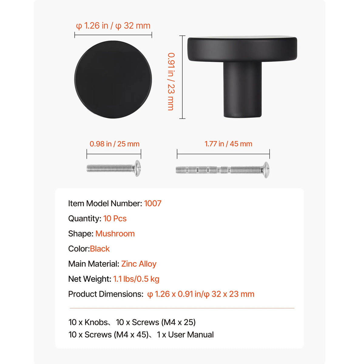 10 Pack Matte Black Mushroom Cabinet Knobs, Zinc Alloy Round Drawer Knobs with 2 Size Trimmable M4 Screws, Modern Flat Knobs for Cupboard Dresser Furniture