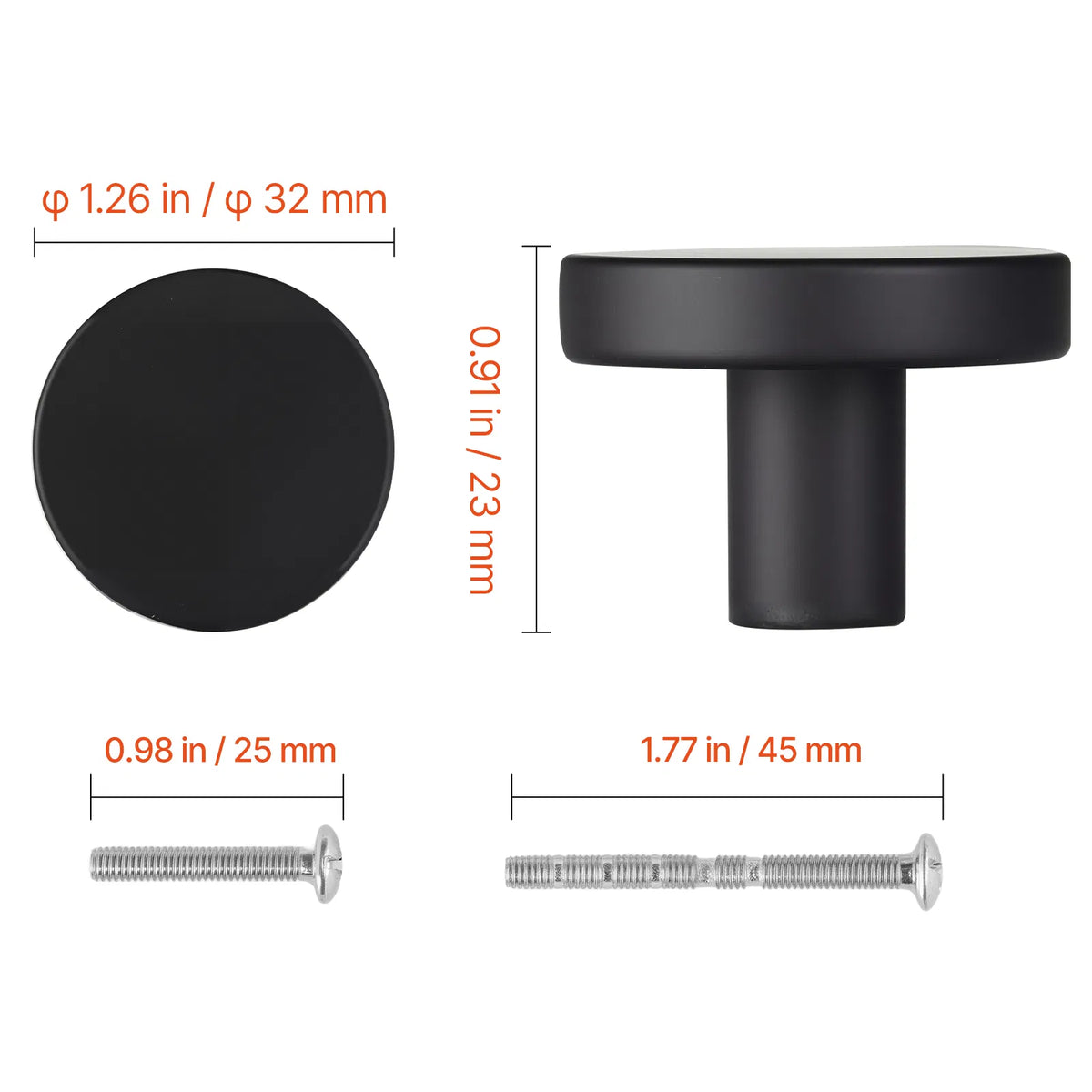 10 Pack Matte Black Mushroom Cabinet Knobs, Zinc Alloy Round Drawer Knobs with 2 Size Trimmable M4 Screws, Modern Flat Knobs for Cupboard Dresser Furniture