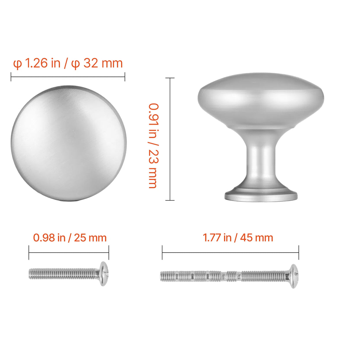 10 Pack Brushed Nickel Mushroom Cabinet Knobs, Zinc Alloy Round Drawer Knobs with 2 Sizes Trimmable M4 Screws for Cupboard Dresser Furniture