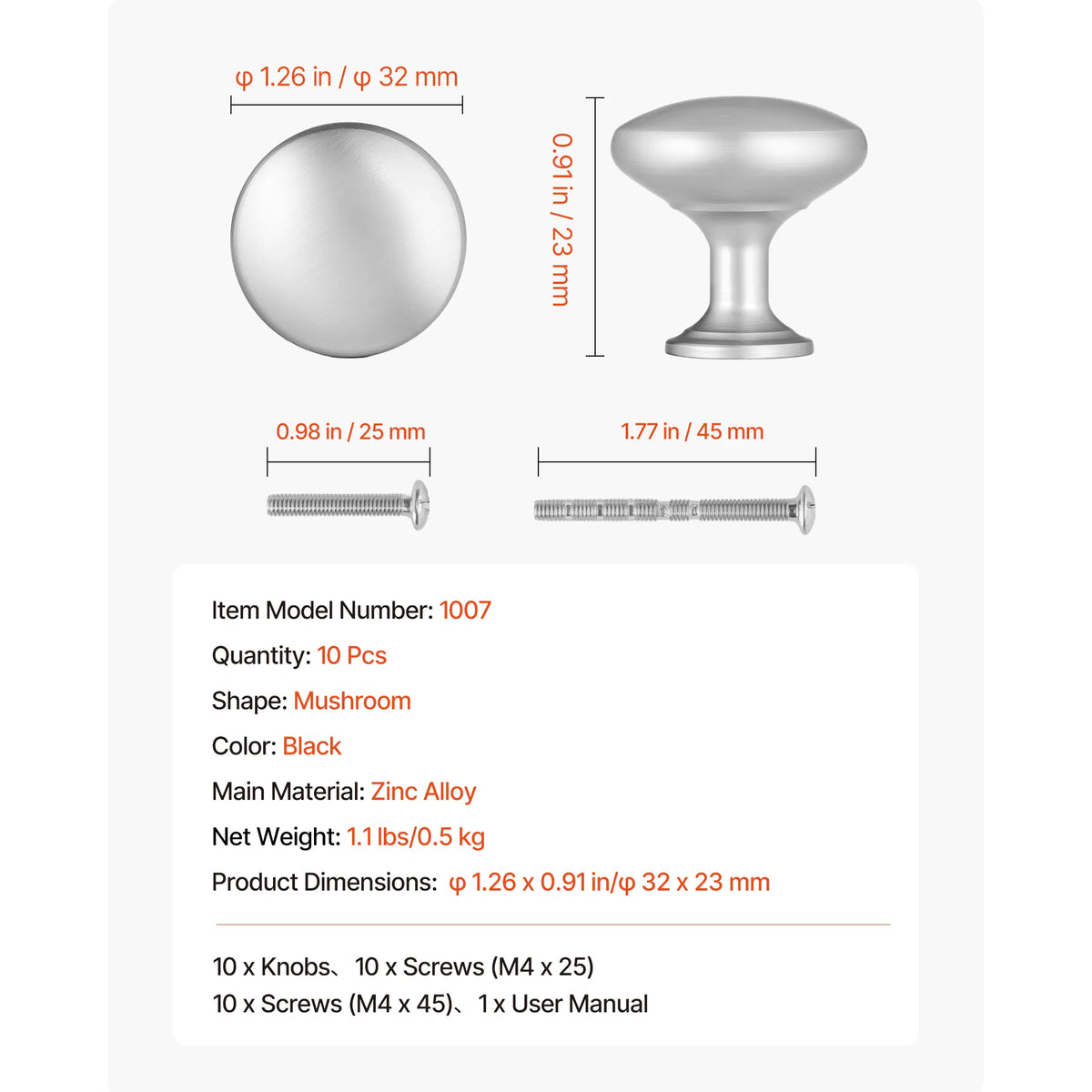10 Pack Brushed Nickel Mushroom Cabinet Knobs, Zinc Alloy Round Drawer Knobs with 2 Sizes Trimmable M4 Screws for Cupboard Dresser Furniture