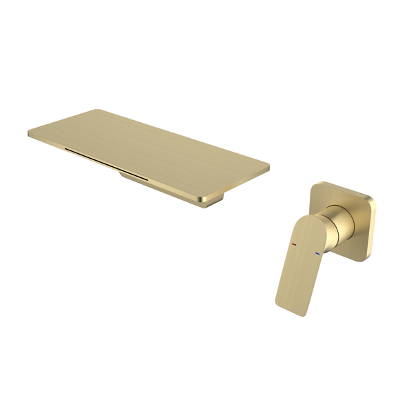 AEELLEEA Wall Mount Waterfall Bathroom Faucet, Modern Single Handle 2-Piece Sink Faucet Set with Wide Spout, Brushed Gold