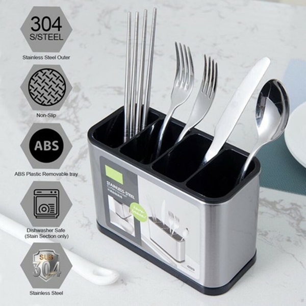 Stainless Steel Cutlery Holder, 4 Compartment Knife Fork Spoon Organizer with Drain Hole, Removable Non-Slip Kitchen Utensil Caddy for Countertop Drawer