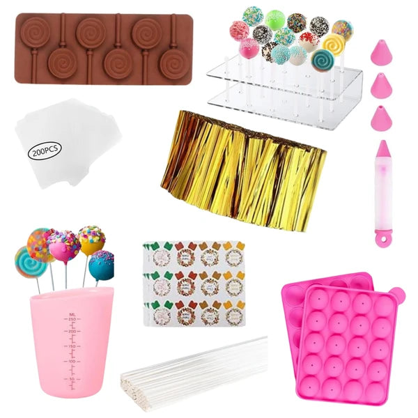 Aeelleea 717 Pcs Lollipop Cake Pop Mold Set, 2 Silicone Molds, Sticks, Wrappers, Decor Pen, Measuring Cup, Display Stand, DIY Candy Kit