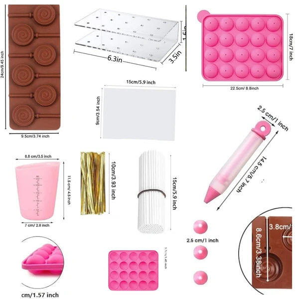 Aeelleea 717 Pcs Lollipop Cake Pop Mold Set, 2 Silicone Molds, Sticks, Wrappers, Decor Pen, Measuring Cup, Display Stand, DIY Candy Kit