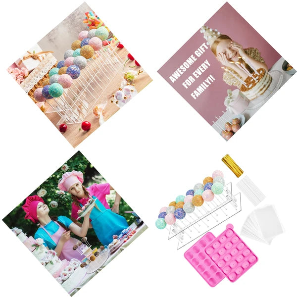 Aeelleea 717 Pcs Lollipop Cake Pop Mold Set, 2 Silicone Molds, Sticks, Wrappers, Decor Pen, Measuring Cup, Display Stand, DIY Candy Kit