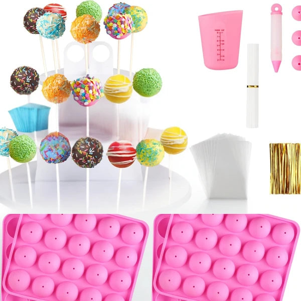 Aeelleea 717 Pcs Lollipop Cake Pop Mold Set, 2 Silicone Molds, Sticks, Wrappers, Decor Pen, Measuring Cup, Display Stand, DIY Candy Kit