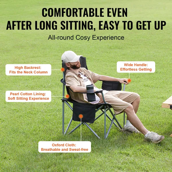 Aeelleea Folding Camping Chair, 38.98×38.58×24.8 Inch Heavy Duty Chair with Cup Holder, Side Pocket & Cooler Bag, Padded Back for Beach Fishing