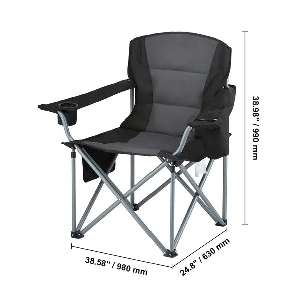 Aeelleea Folding Camping Chair, 38.98×38.58×24.8 Inch Heavy Duty Chair with Cup Holder, Side Pocket & Cooler Bag, Padded Back for Beach Fishing